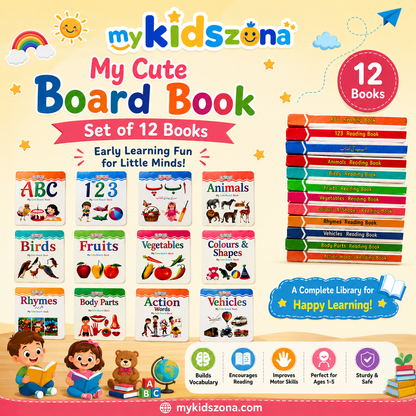 Set of 12 colorful children's board books from mykidszona with various educational topics.