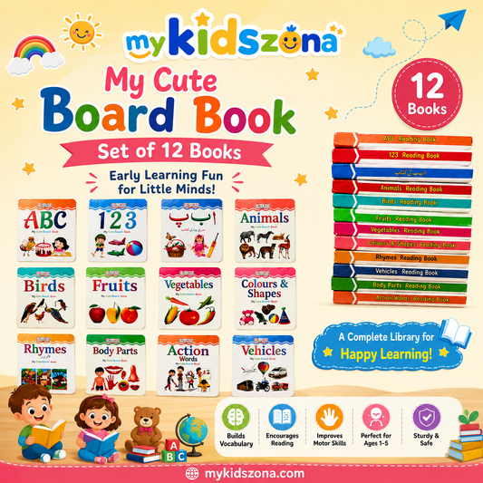 Set of 12 colorful children's board books from mykidszona with various educational topics.